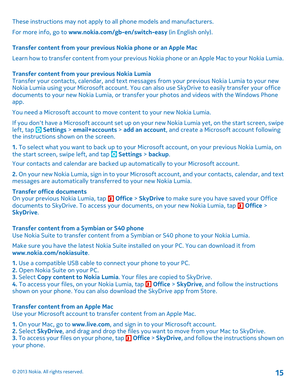 Transfer content from your previous nokia lumia, Transfer content from a symbian or s40 phone, Transfer content from an apple mac | Nokia Lumia 920 User Manual | Page 15 / 123