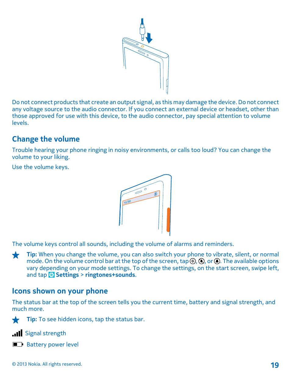 Change the volume, Icons shown on your phone | Nokia Lumia 920 User Manual | Page 19 / 123