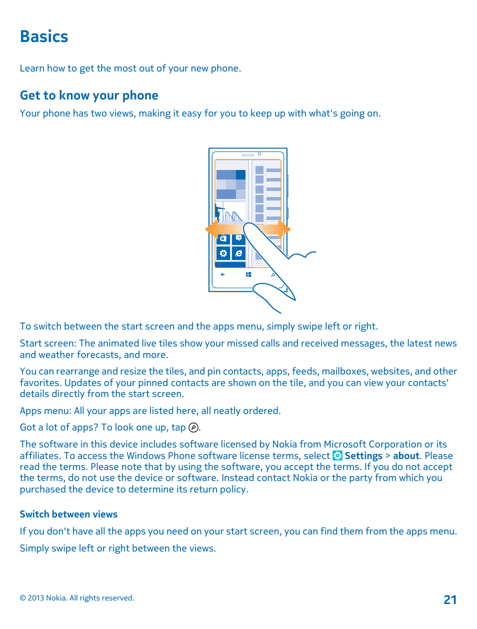 Basics, Get to know your phone, Switch between views | Basics 21 get to know your phone | Nokia Lumia 920 User Manual | Page 21 / 123
