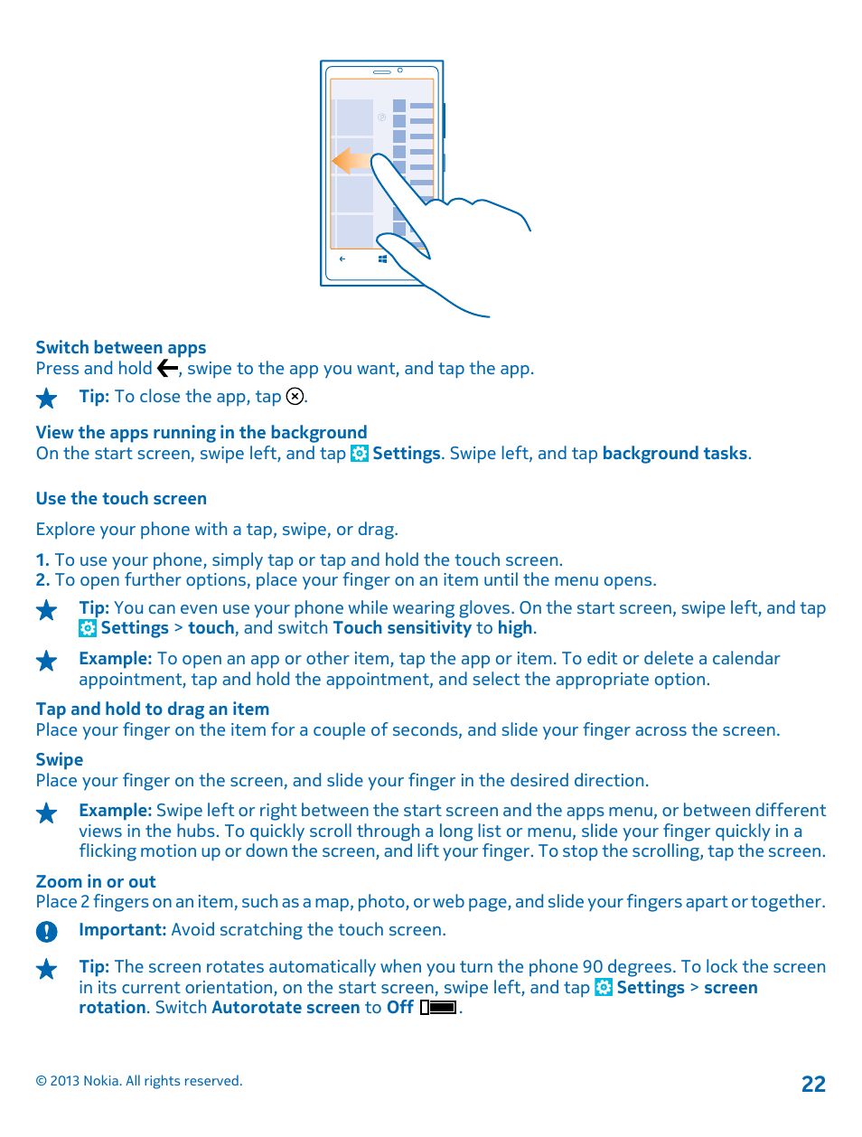 Use the touch screen | Nokia Lumia 920 User Manual | Page 22 / 123