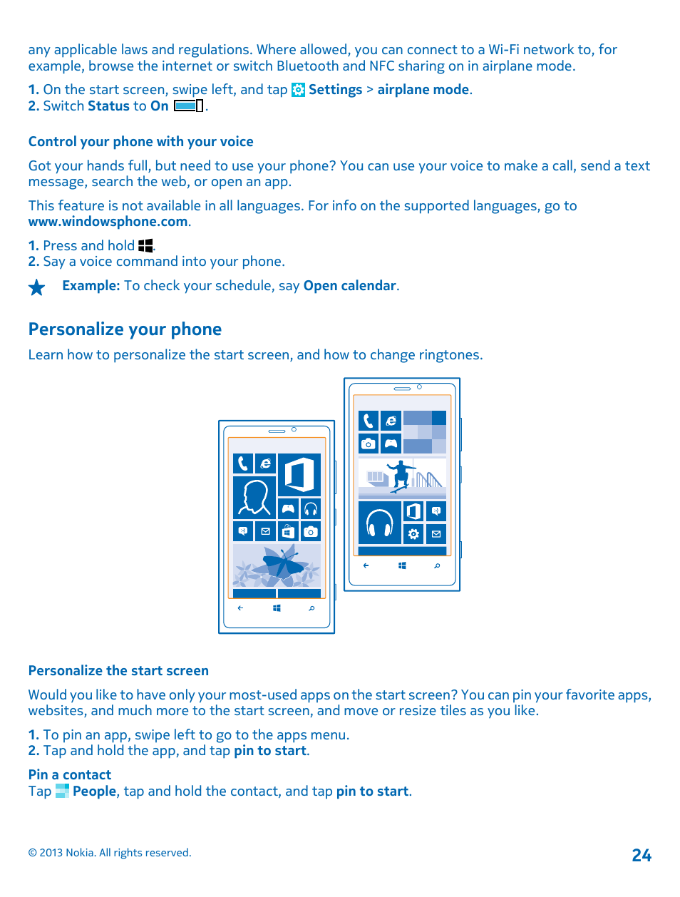 Control your phone with your voice, Personalize your phone, Personalize the start screen | Nokia Lumia 920 User Manual | Page 24 / 123