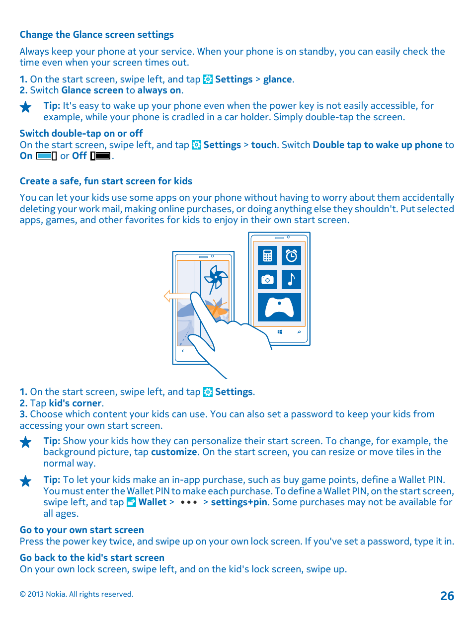 Change the glance screen settings, Create a safe, fun start screen for kids | Nokia Lumia 920 User Manual | Page 26 / 123