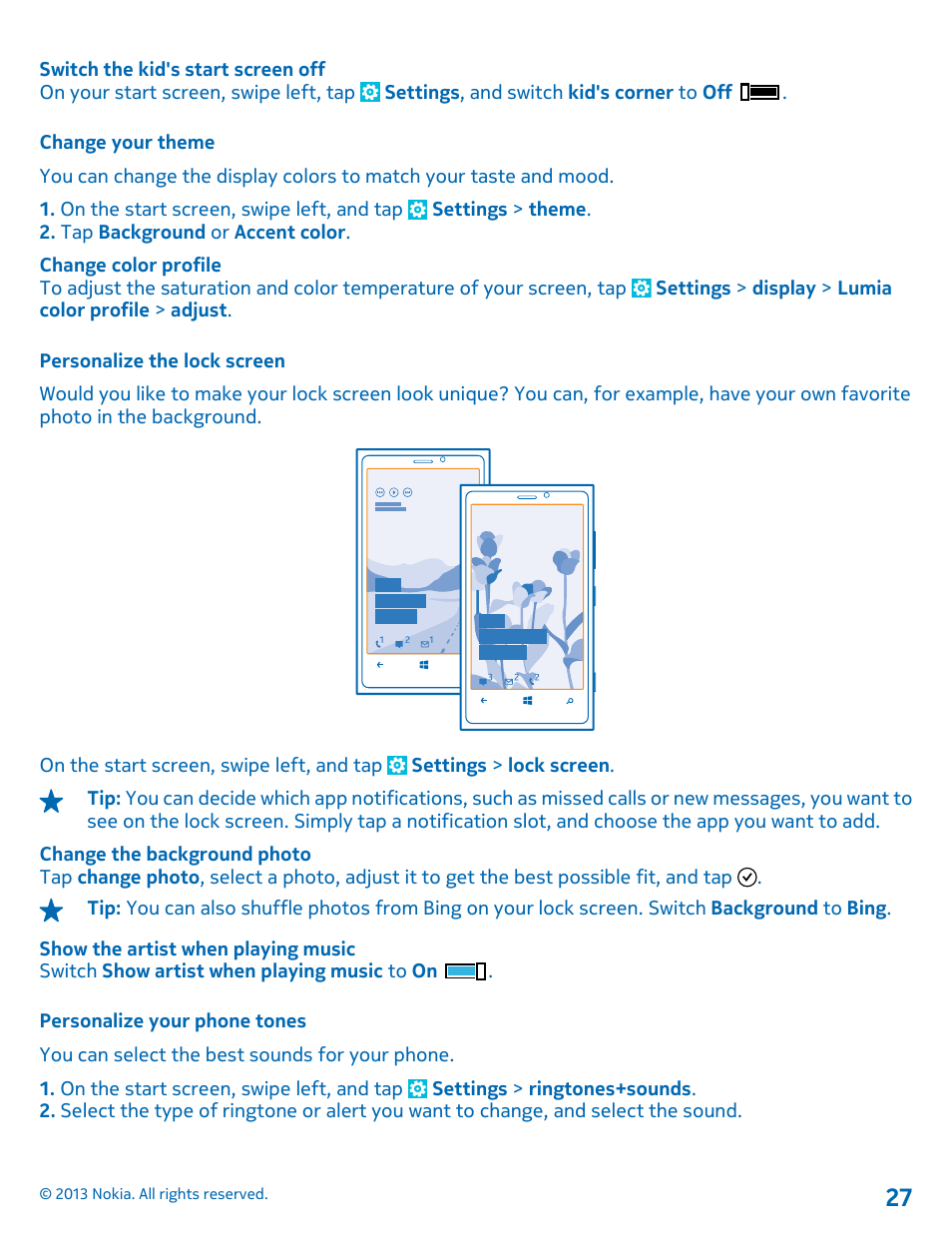 Change your theme, Personalize the lock screen, Personalize your phone tones | Nokia Lumia 920 User Manual | Page 27 / 123