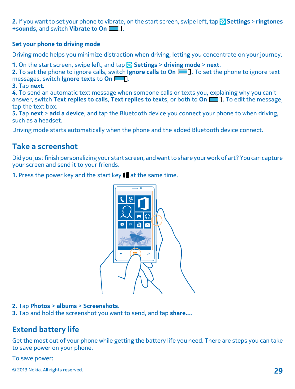 Set your phone to driving mode, Take a screenshot, Extend battery life | Nokia Lumia 920 User Manual | Page 29 / 123