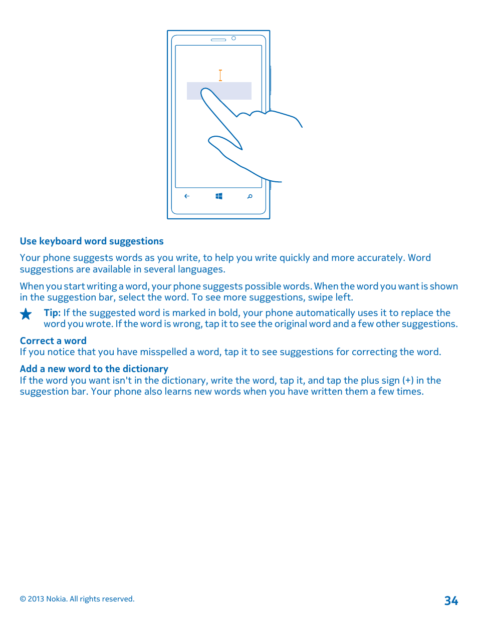 Use keyboard word suggestions | Nokia Lumia 920 User Manual | Page 34 / 123