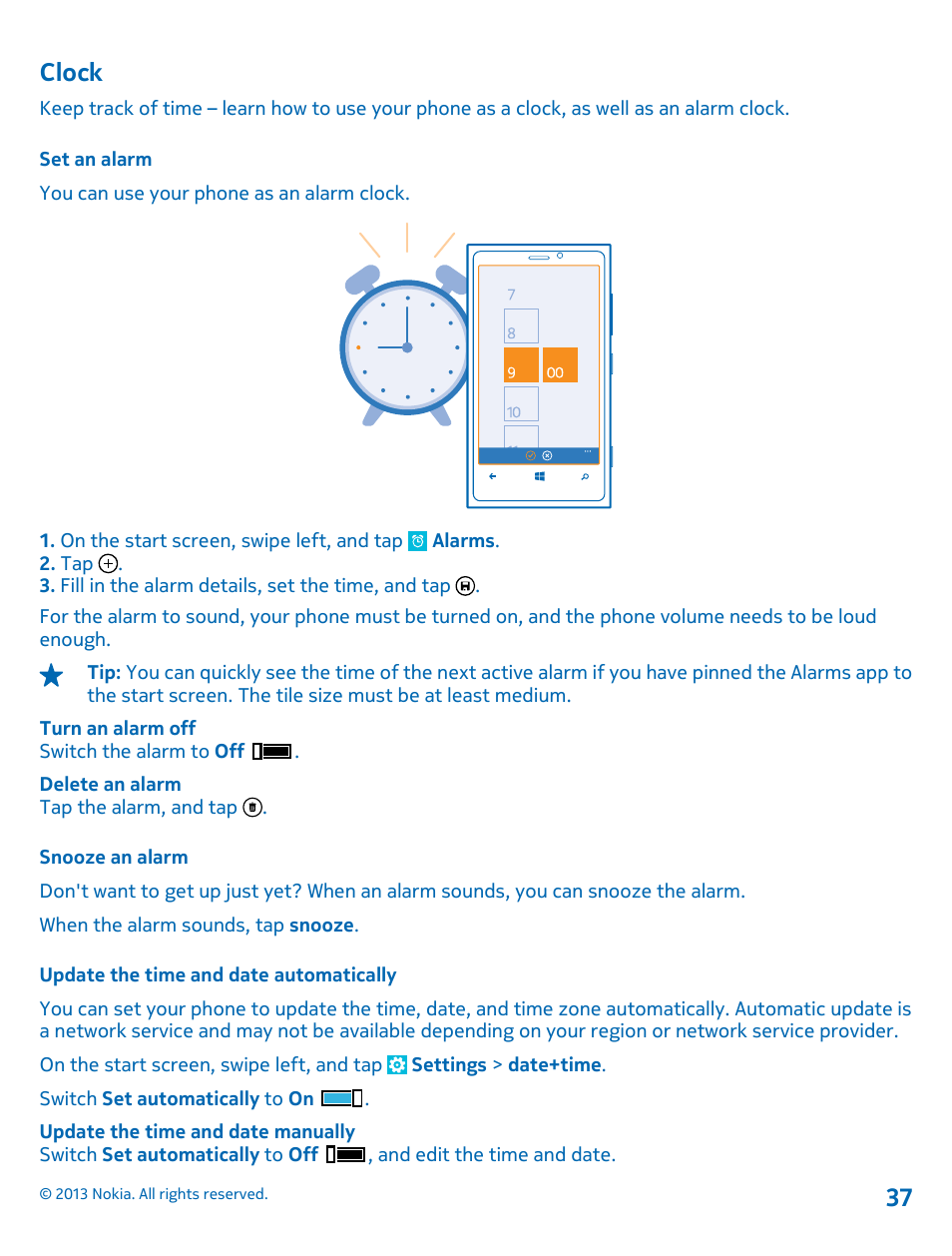 Clock, Set an alarm, Snooze an alarm | Update the time and date automatically, Clock 37 | Nokia Lumia 920 User Manual | Page 37 / 123