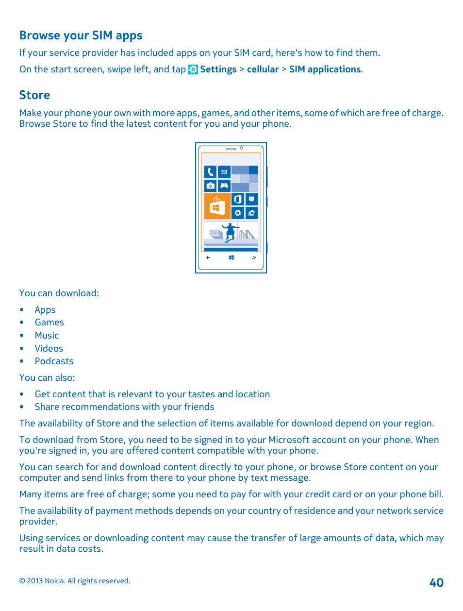 Browse your sim apps, Store, Store 40 | Nokia Lumia 920 User Manual | Page 40 / 123