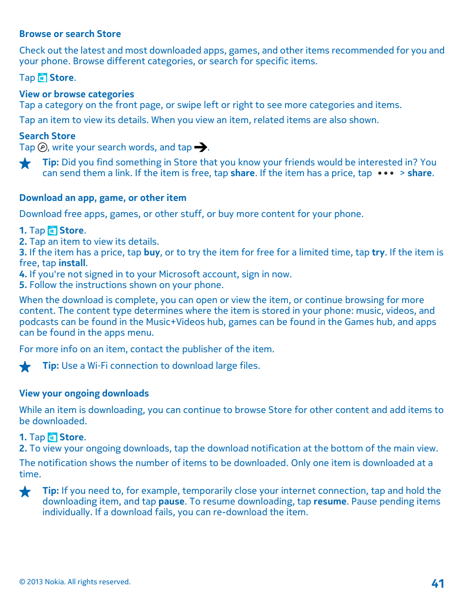 Browse or search store, Download an app, game, or other item, View your ongoing downloads | Nokia Lumia 920 User Manual | Page 41 / 123