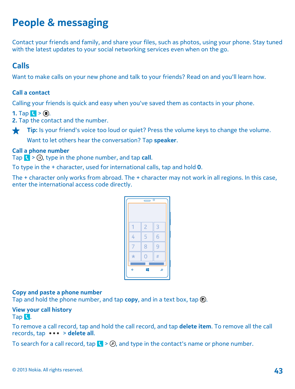 People & messaging, Calls, Call a contact | Calls 43 | Nokia Lumia 920 User Manual | Page 43 / 123