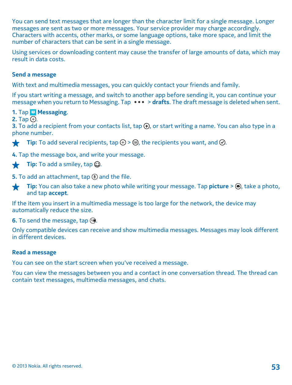 Send a message, Read a message | Nokia Lumia 920 User Manual | Page 53 / 123