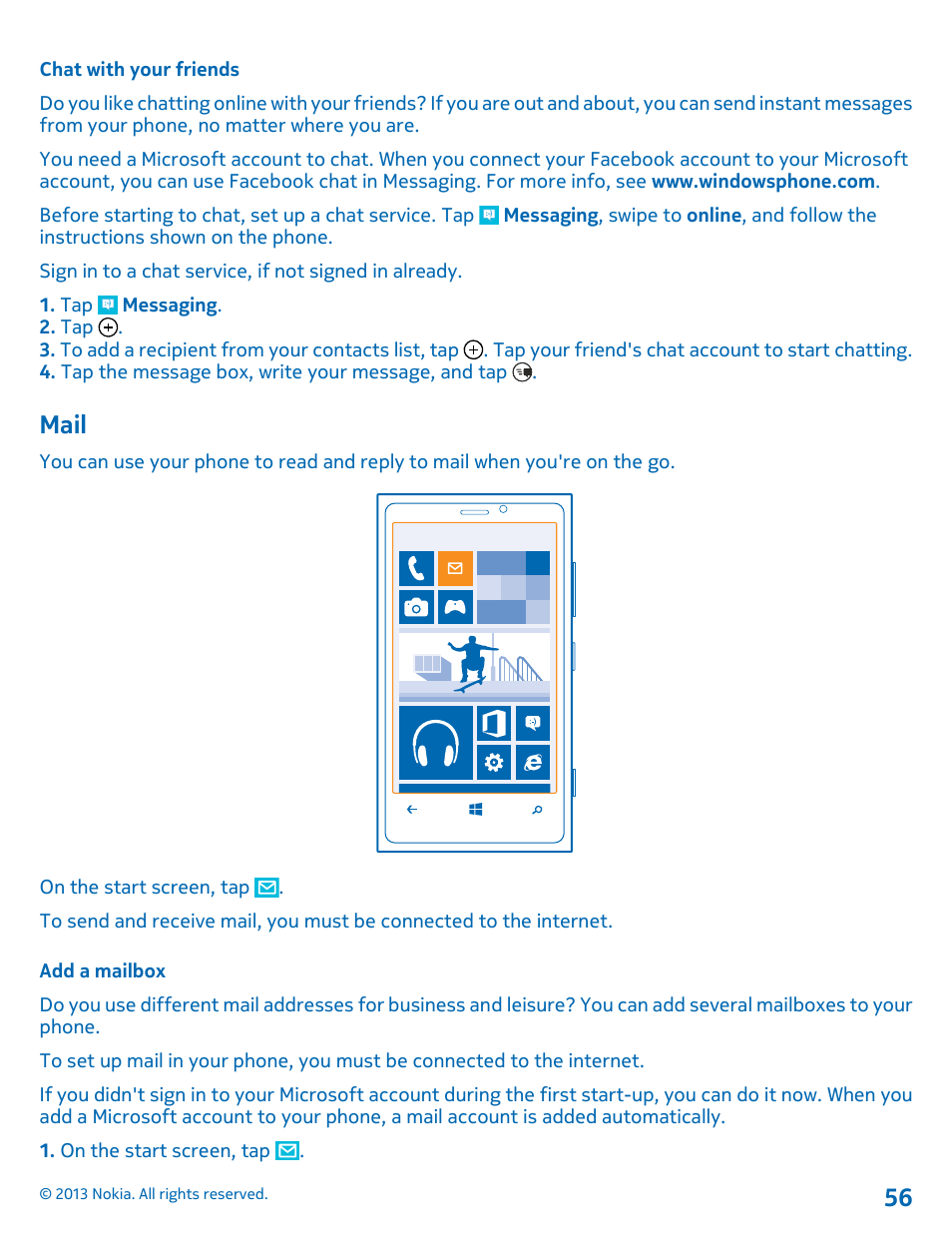 Chat with your friends, Mail, Add a mailbox | Mail 56 | Nokia Lumia 920 User Manual | Page 56 / 123