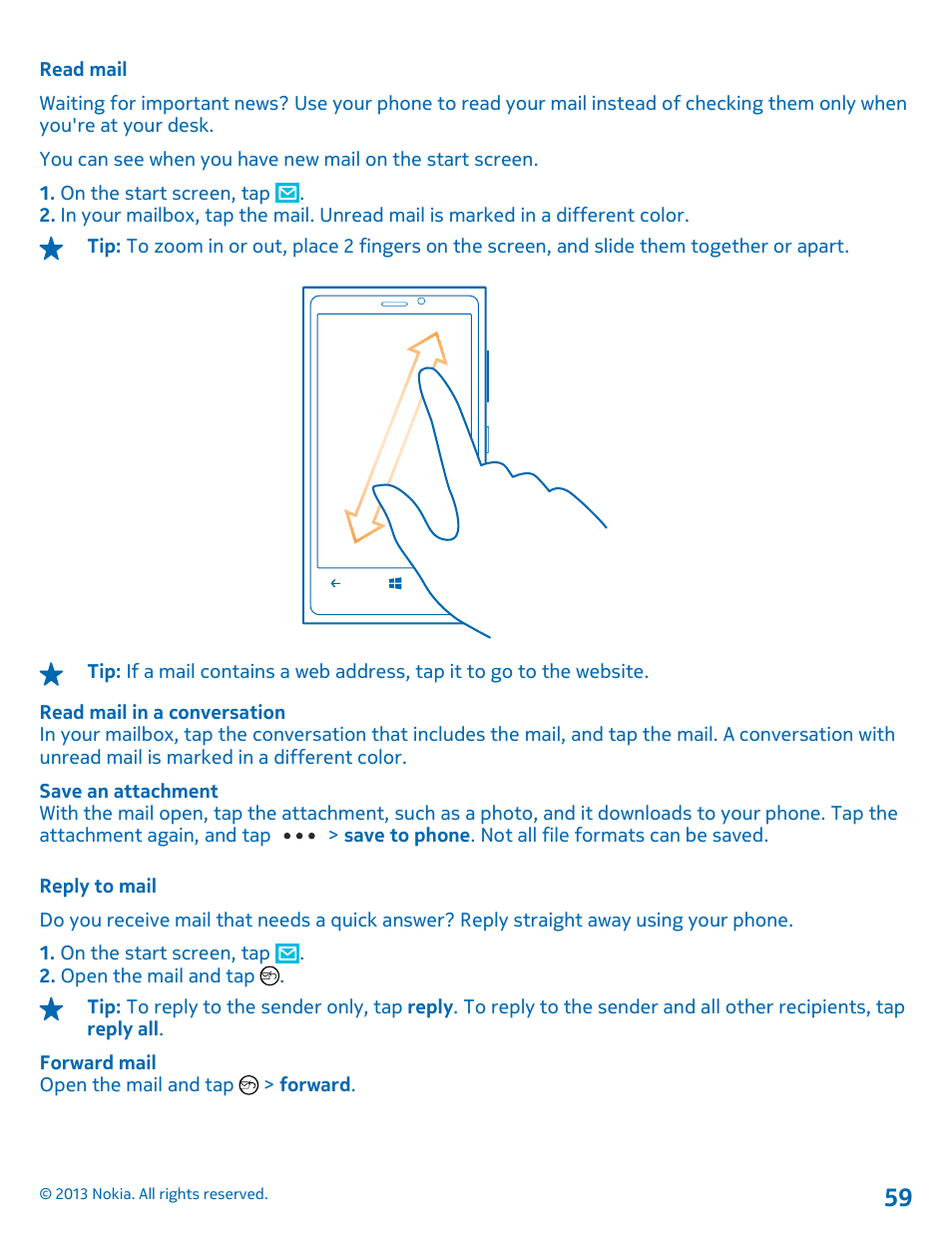 Read mail, Reply to mail | Nokia Lumia 920 User Manual | Page 59 / 123