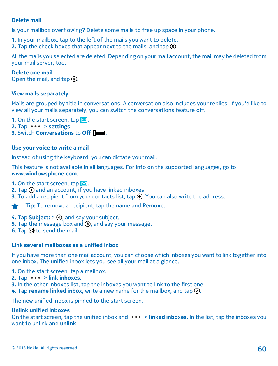 Delete mail, View mails separately, Use your voice to write a mail | Link several mailboxes as a unified inbox | Nokia Lumia 920 User Manual | Page 60 / 123