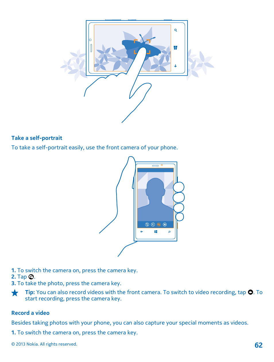 Take a self-portrait, Record a video | Nokia Lumia 920 User Manual | Page 62 / 123