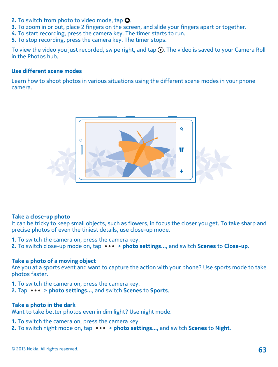 Use different scene modes, Take a close-up photo, Take a photo of a moving object | Take a photo in the dark | Nokia Lumia 920 User Manual | Page 63 / 123