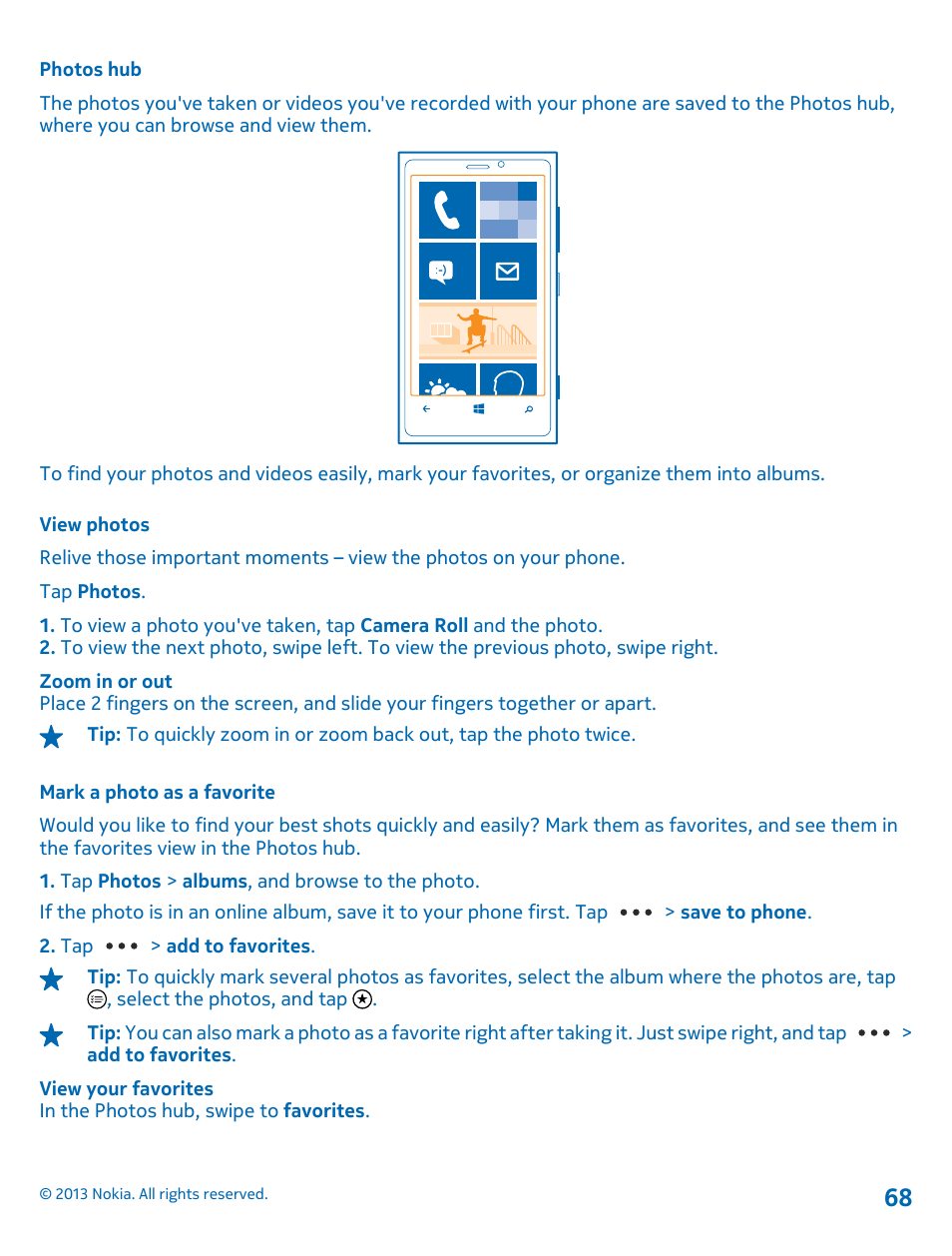 Photos hub, View photos, Mark a photo as a favorite | Nokia Lumia 920 User Manual | Page 68 / 123