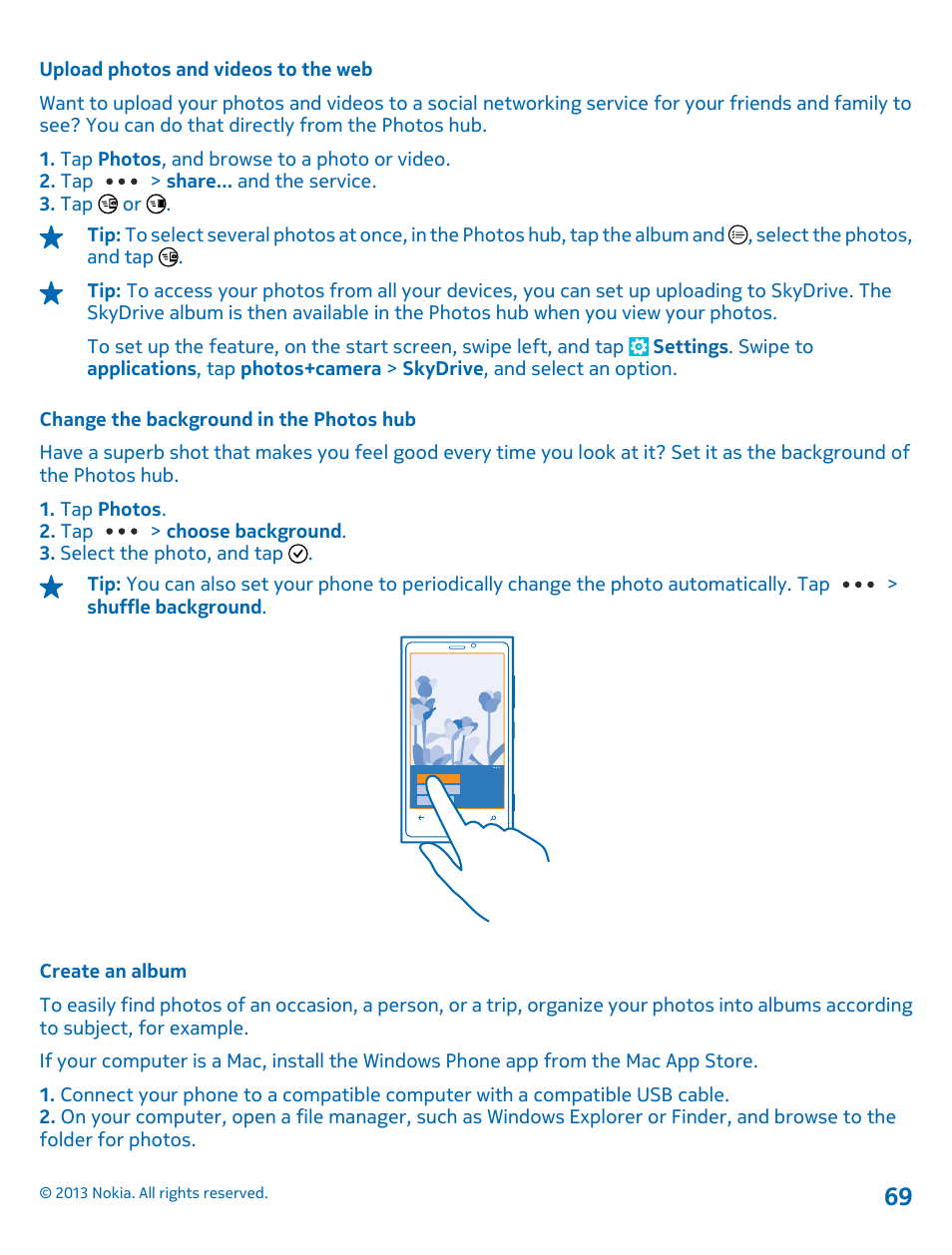 Upload photos and videos to the web, Change the background in the photos hub, Create an album | Nokia Lumia 920 User Manual | Page 69 / 123