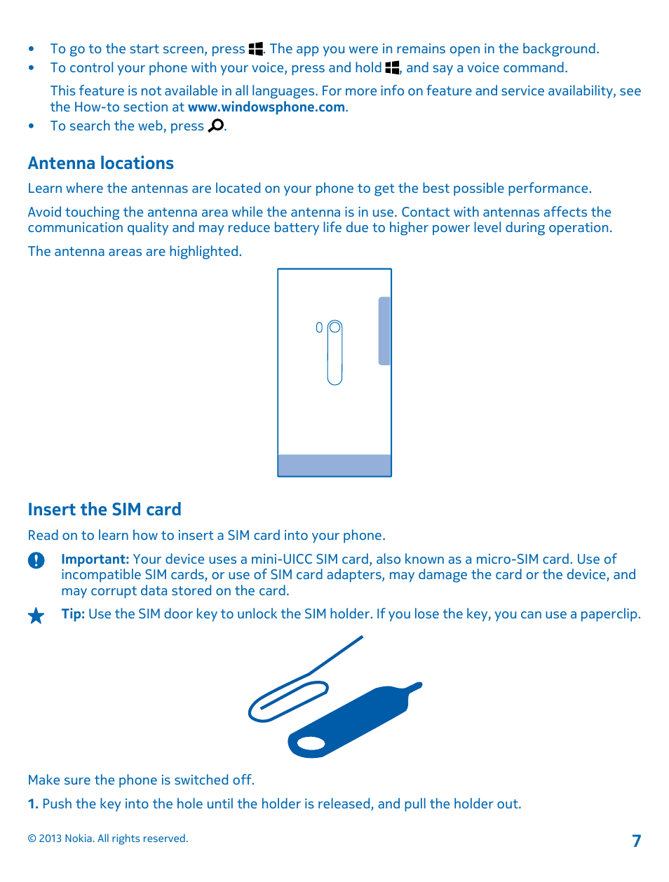 Antenna locations, Insert the sim card | Nokia Lumia 920 User Manual | Page 7 / 123