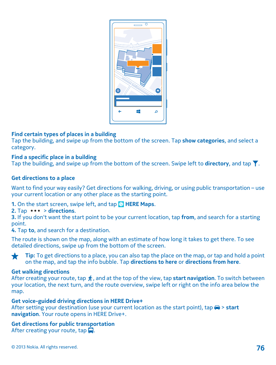 Get directions to a place | Nokia Lumia 920 User Manual | Page 76 / 123