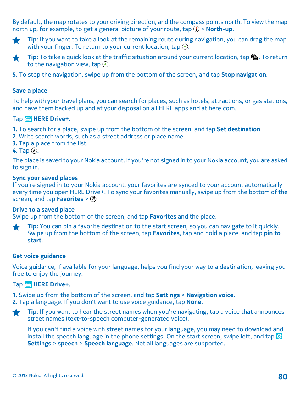 Save a place, Get voice guidance | Nokia Lumia 920 User Manual | Page 80 / 123