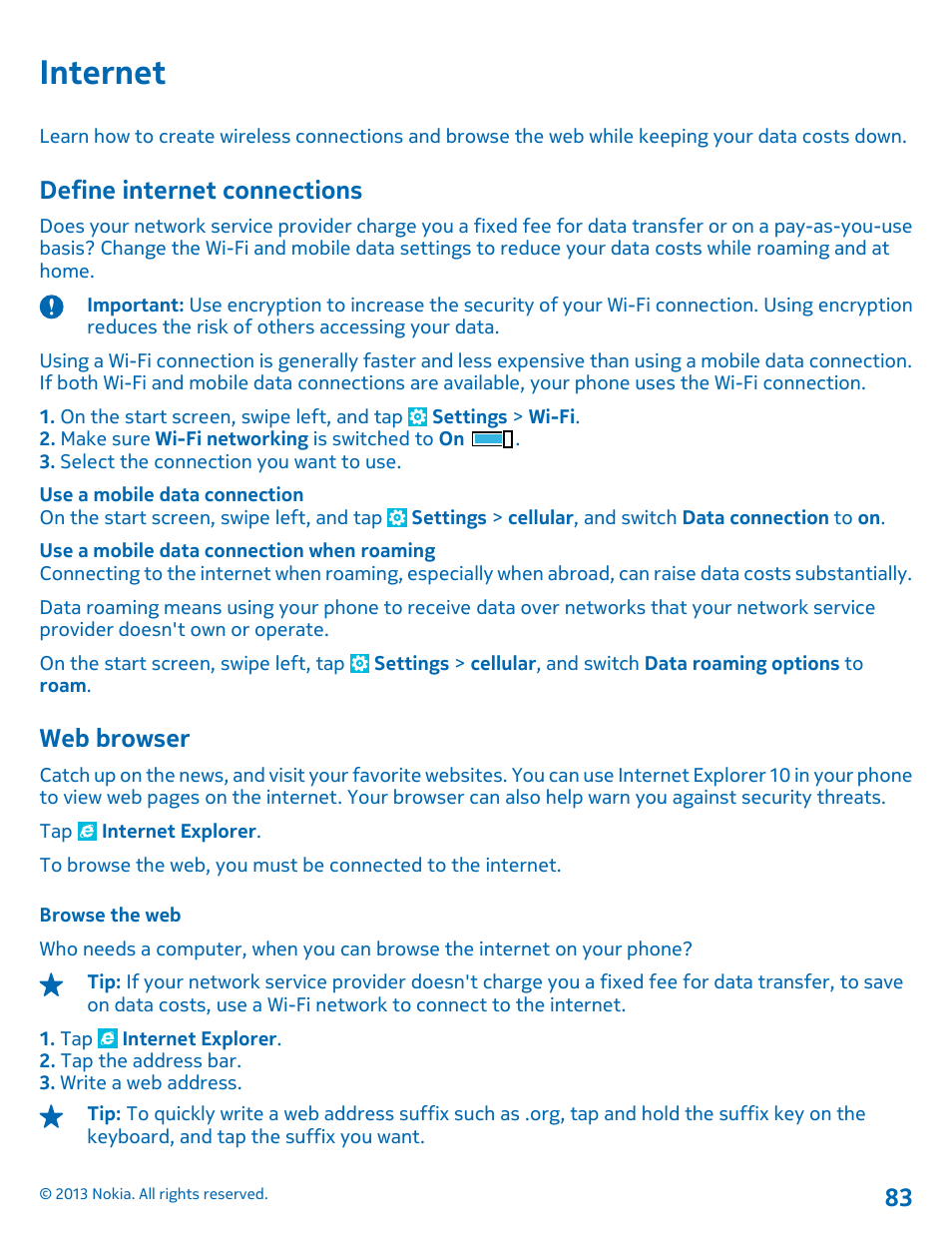 Internet, Define internet connections, Web browser | Browse the web, Internet 83 define internet connections | Nokia Lumia 920 User Manual | Page 83 / 123