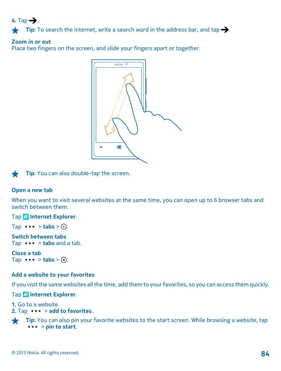 Open a new tab, Add a website to your favorites | Nokia Lumia 920 User Manual | Page 84 / 123