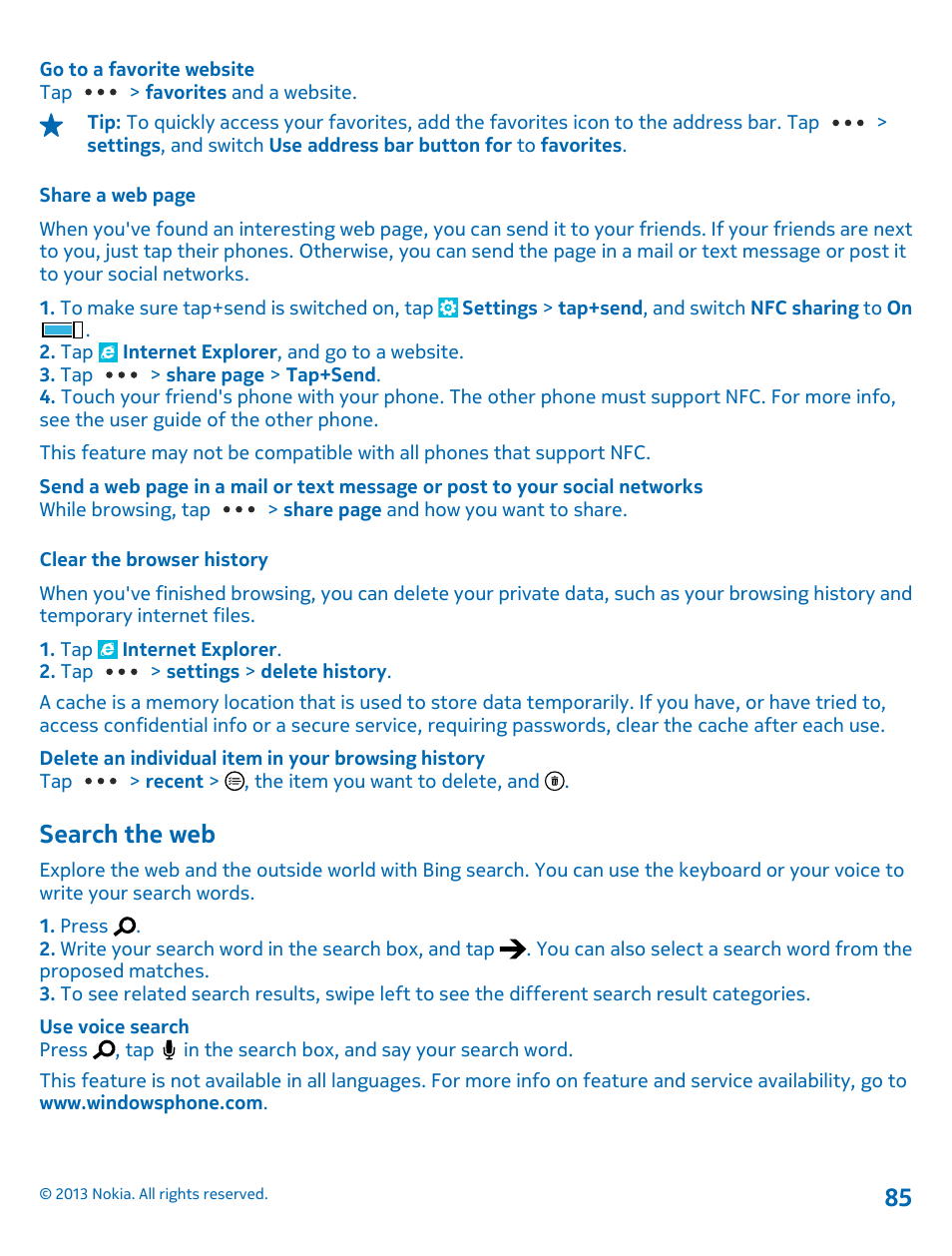 Clear the browser history, Search the web | Nokia Lumia 920 User Manual | Page 85 / 123
