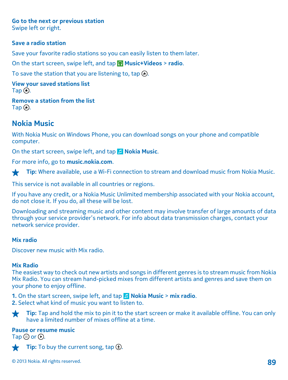 Save a radio station, Nokia music, Mix radio | Nokia Lumia 920 User Manual | Page 89 / 123
