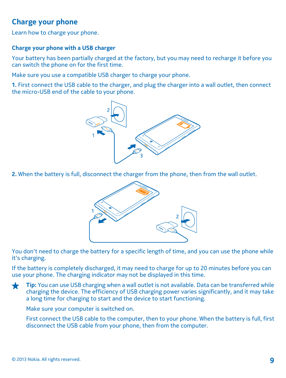 Charge your phone, Charge your phone with a usb charger | Nokia Lumia 920 User Manual | Page 9 / 123