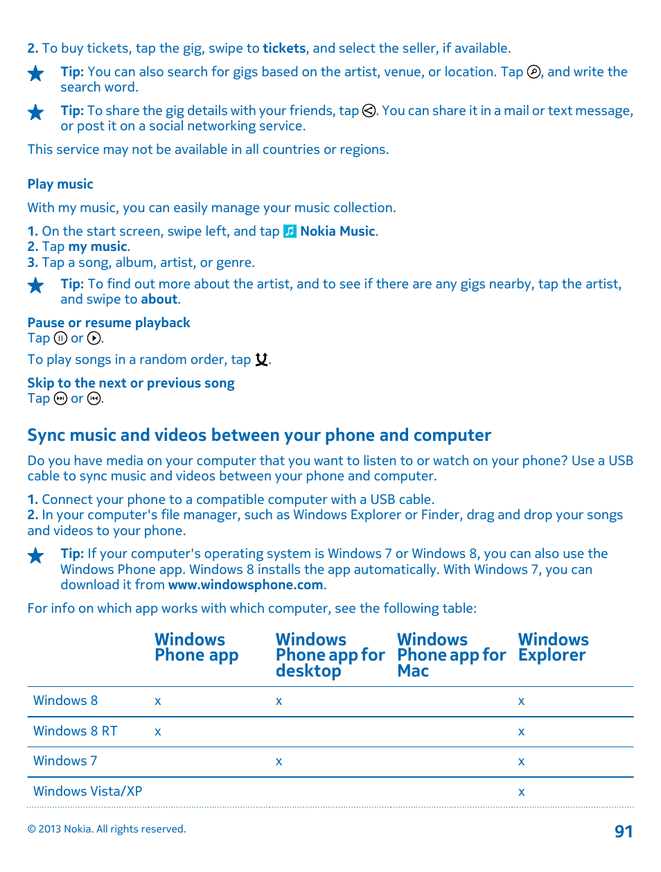 Play music, Sync music and videos between your, Phone and computer | Nokia Lumia 920 User Manual | Page 91 / 123