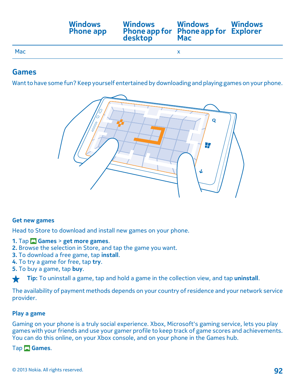 Games, Get new games, Play a game | Games 92 | Nokia Lumia 920 User Manual | Page 92 / 123