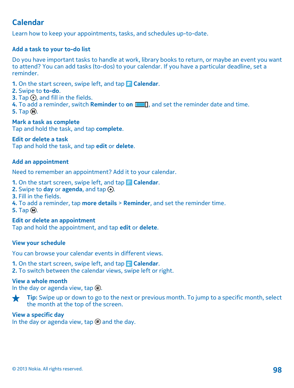 Calendar, Add a task to your to-do list, Add an appointment | View your schedule, Calendar 98 | Nokia Lumia 920 User Manual | Page 98 / 123