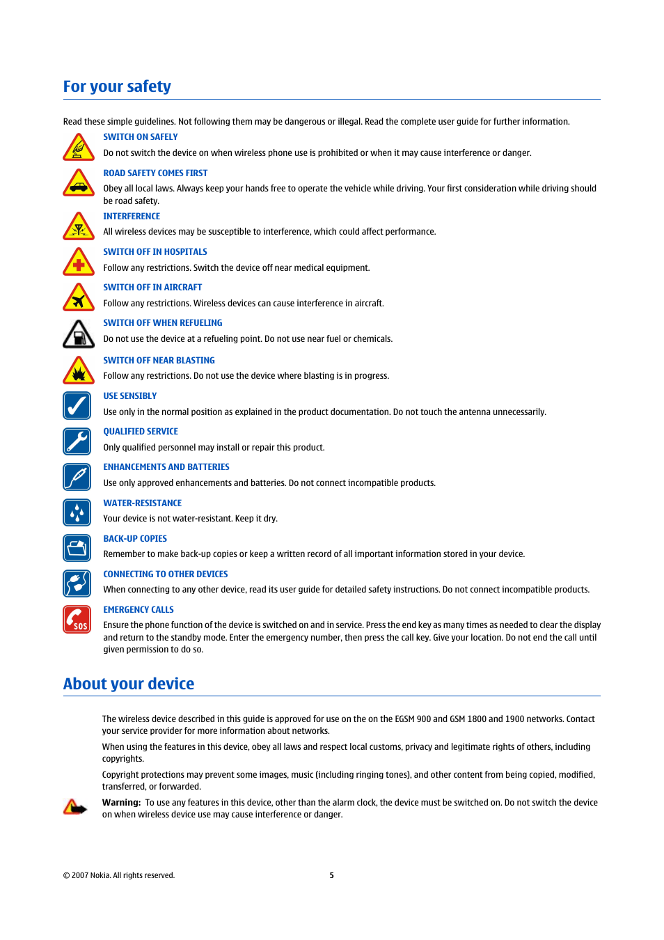 For your safety, About your device, For your safety about your device | Nokia 6300 User Manual | Page 37 / 80