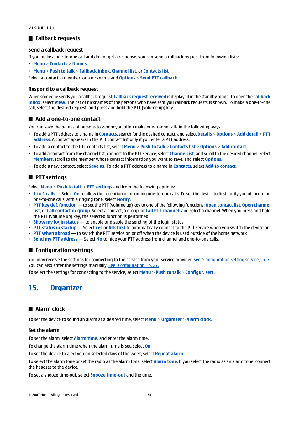 Callback requests, Send a callback request, Respond to a callback request | Add a one-to-one contact, Ptt settings, Configuration settings, Organizer, Alarm clock, Set the alarm, See "ptt settings," p. 34 | Nokia 6300 User Manual | Page 66 / 80