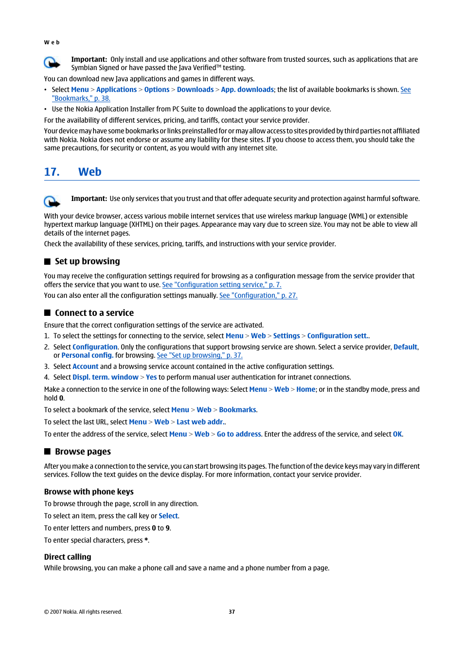 Set up browsing, Connect to a service, Browse with phone keys | Direct calling | Nokia 6300 User Manual | Page 69 / 80