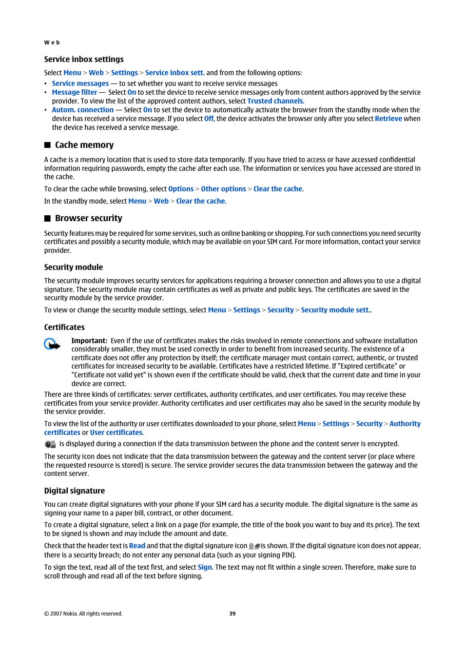 Service inbox settings, Cache memory, Browser security | Security module, Certificates, Digital signature, See "security module," p. 39, See "digital signature," p. 39 | Nokia 6300 User Manual | Page 71 / 80