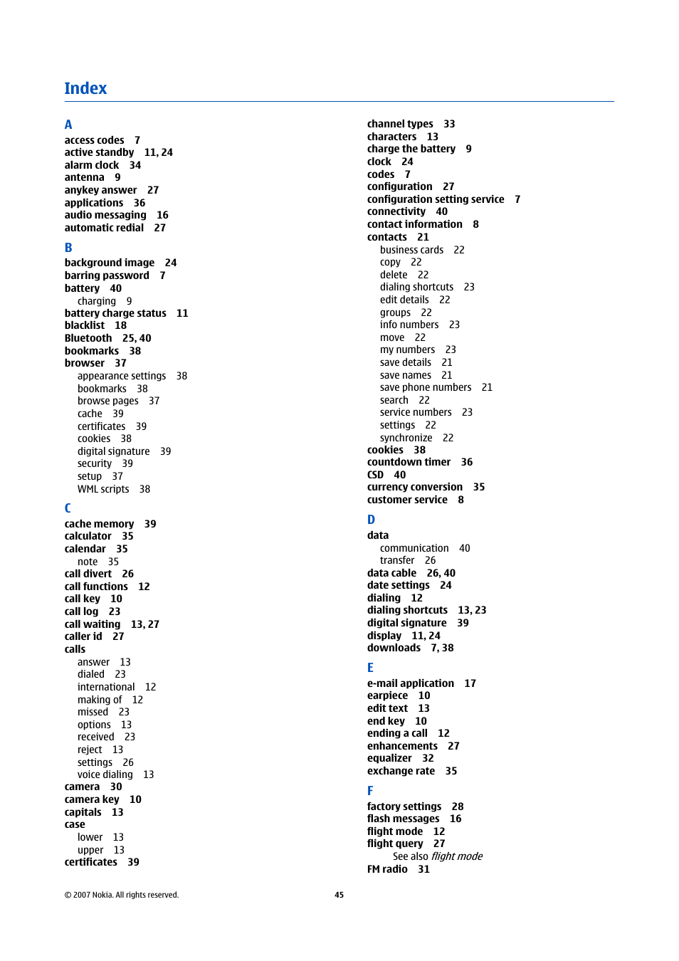 Index | Nokia 6300 User Manual | Page 77 / 80