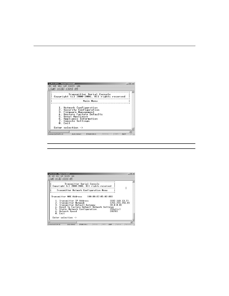 Figure 3.2: transmitter main menu, Figure 3.3: transmitter network configuration menu | Avocent LongView IP User Manual | Page 24 / 50