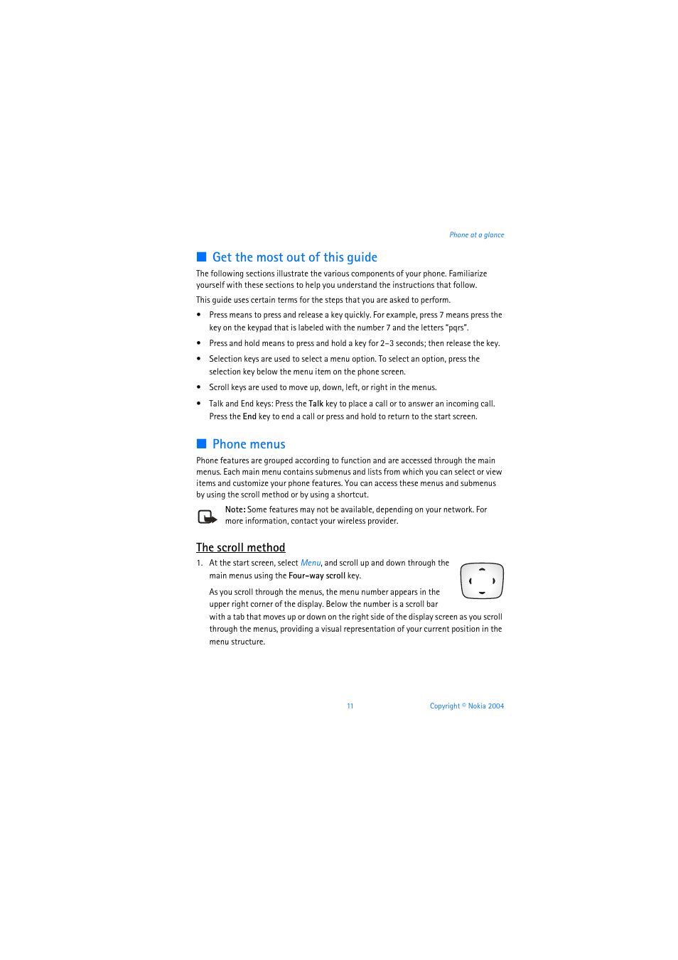 Get the most out of this guide, Phone menus, The scroll method | Nokia 6019i User Manual | Page 12 / 241