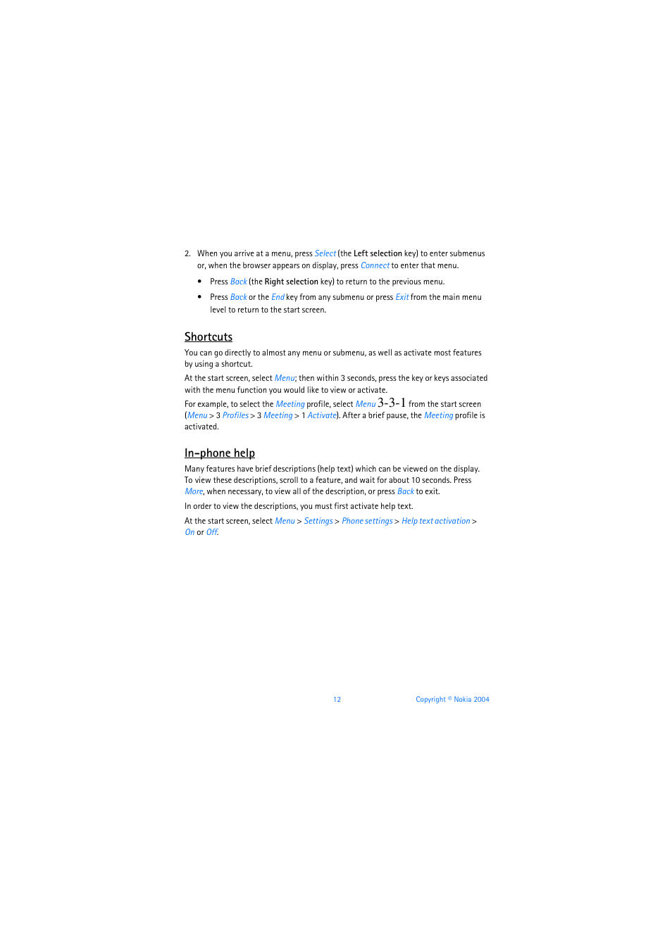 Shortcuts, In-phone help | Nokia 6019i User Manual | Page 13 / 241