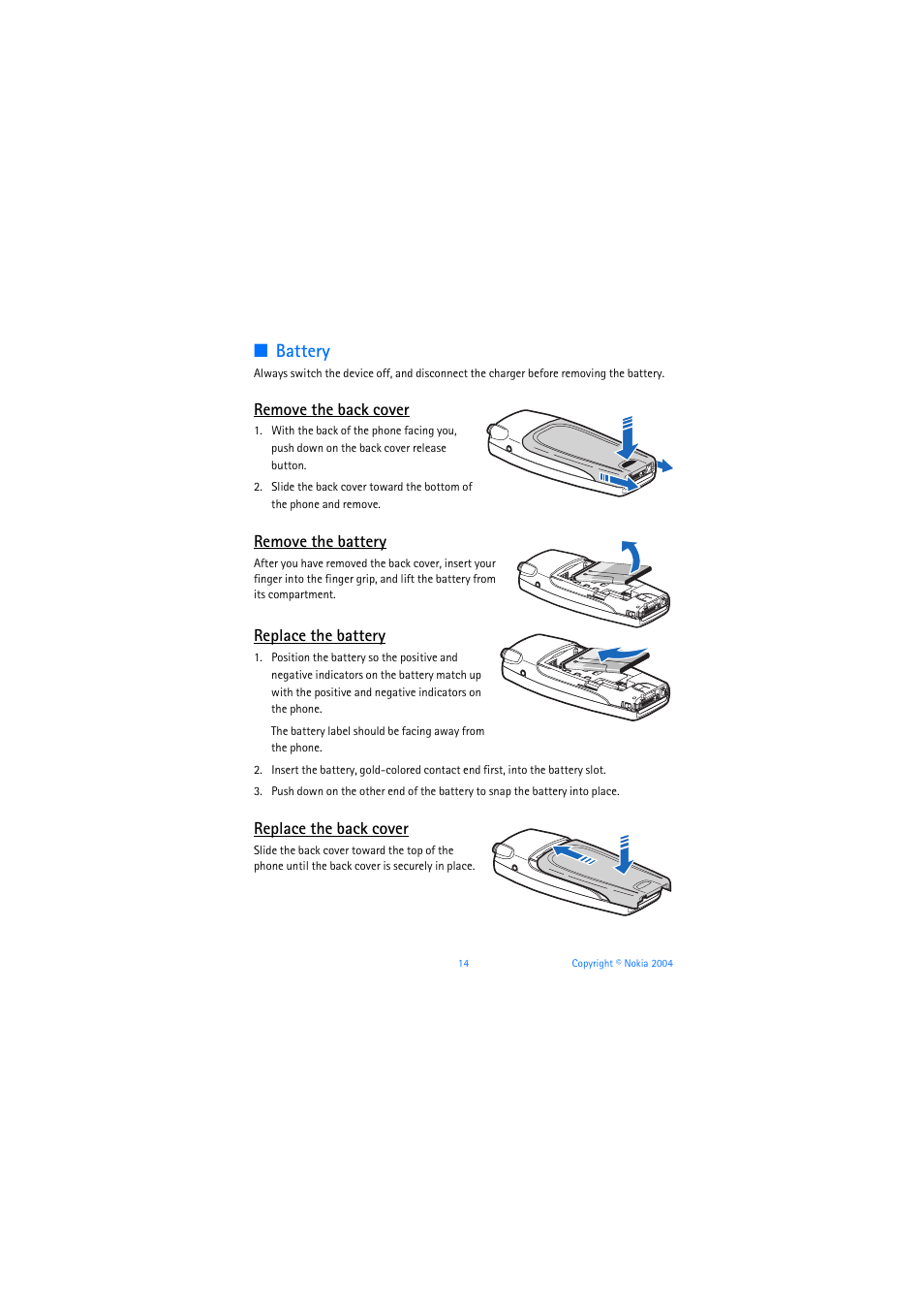 Battery, Remove the back cover, Remove the battery | Replace the battery, Replace the back cover | Nokia 6019i User Manual | Page 15 / 241