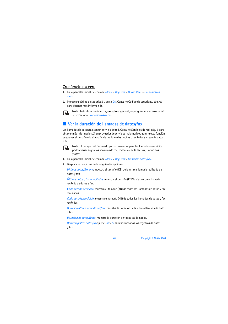 Ver la duración de llamadas de datos/fax, Cronómetros a cero | Nokia 6019i User Manual | Page 169 / 241