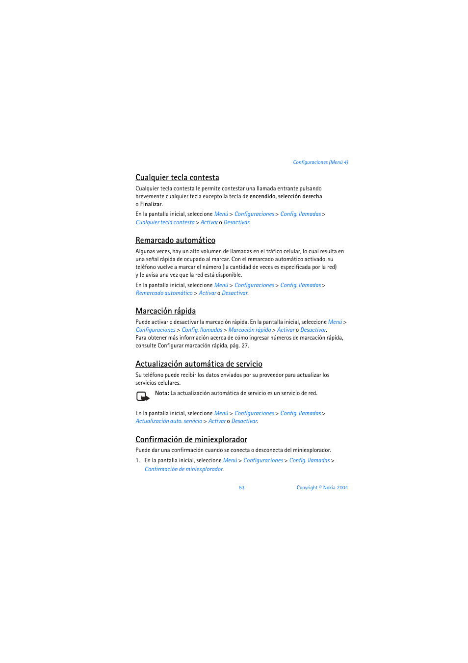 Cualquier tecla contesta, Remarcado automático, Marcación rápida | Actualización automática de servicio, Confirmación de miniexplorador | Nokia 6019i User Manual | Page 174 / 241