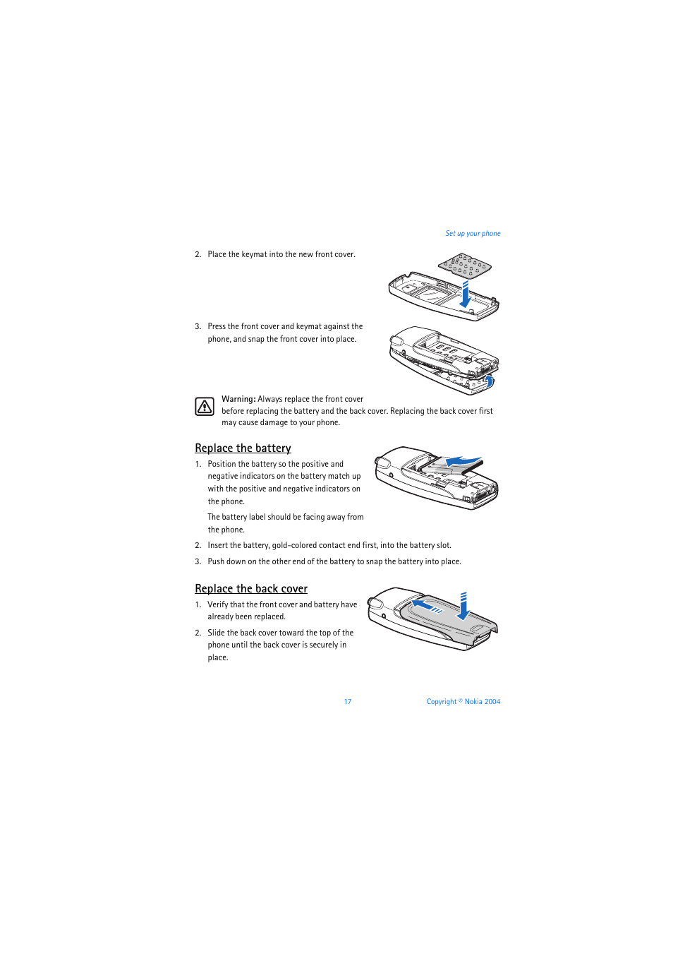 Replace the battery, Replace the back cover | Nokia 6019i User Manual | Page 18 / 241