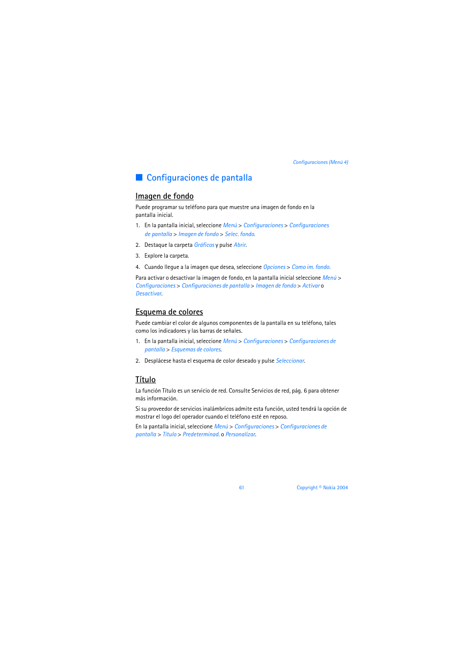 Configuraciones de pantalla, Imagen de fondo, Esquema de colores | Título | Nokia 6019i User Manual | Page 182 / 241