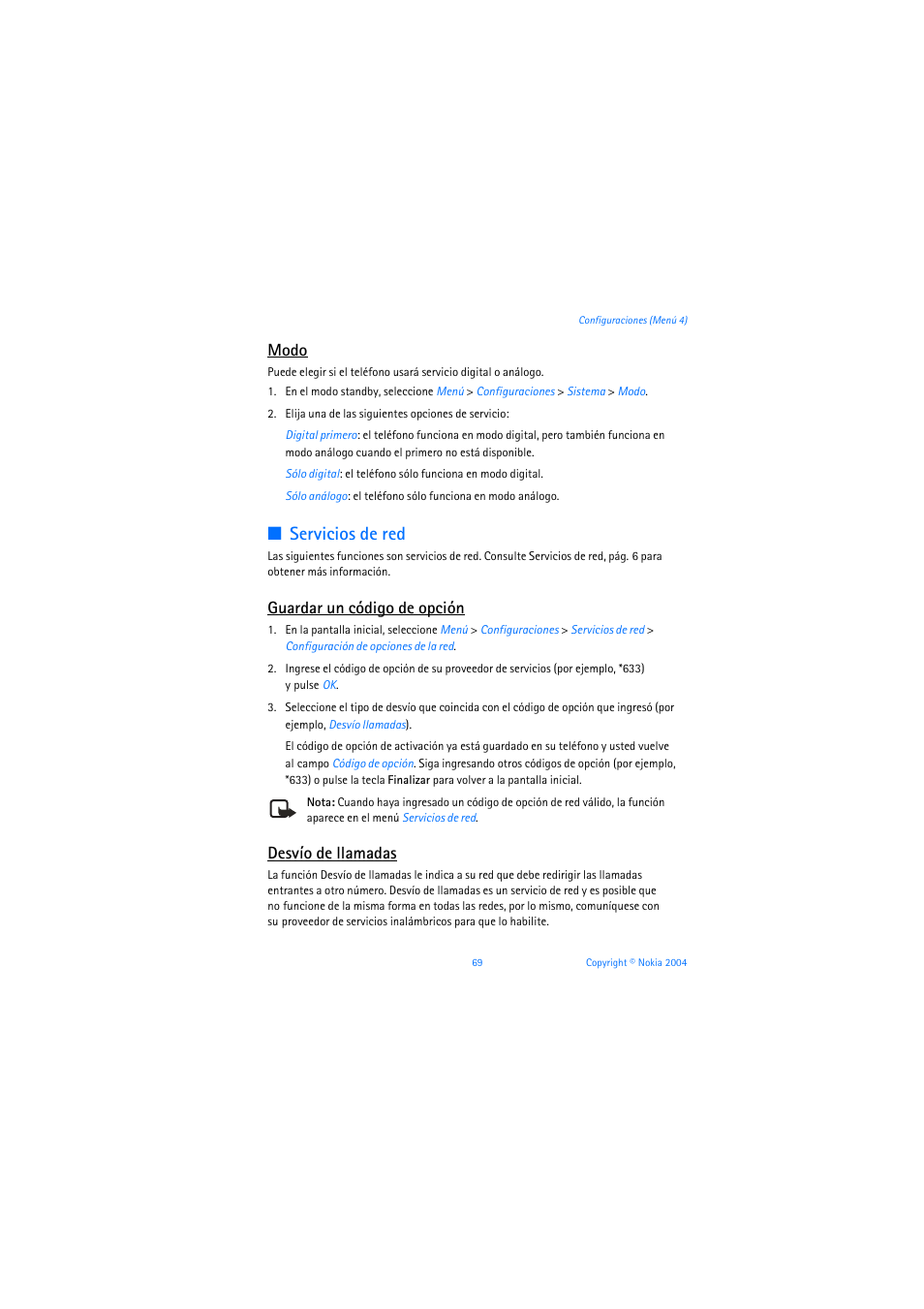 Servicios de red, Modo, Guardar un código de opción | Desvío de llamadas | Nokia 6019i User Manual | Page 190 / 241