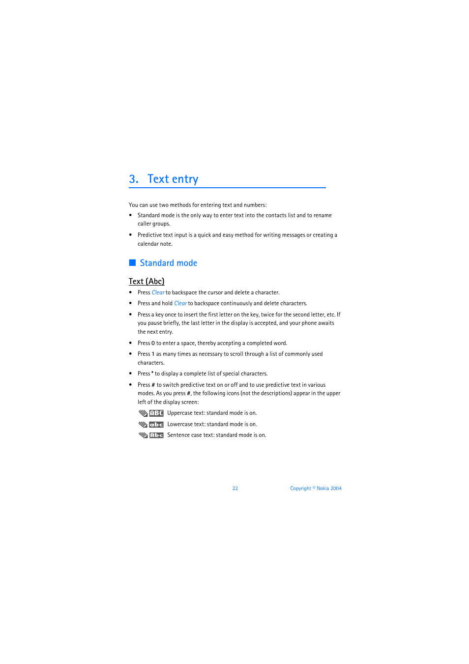 Text entry, Standard mode, Text (abc) | Nokia 6019i User Manual | Page 23 / 241