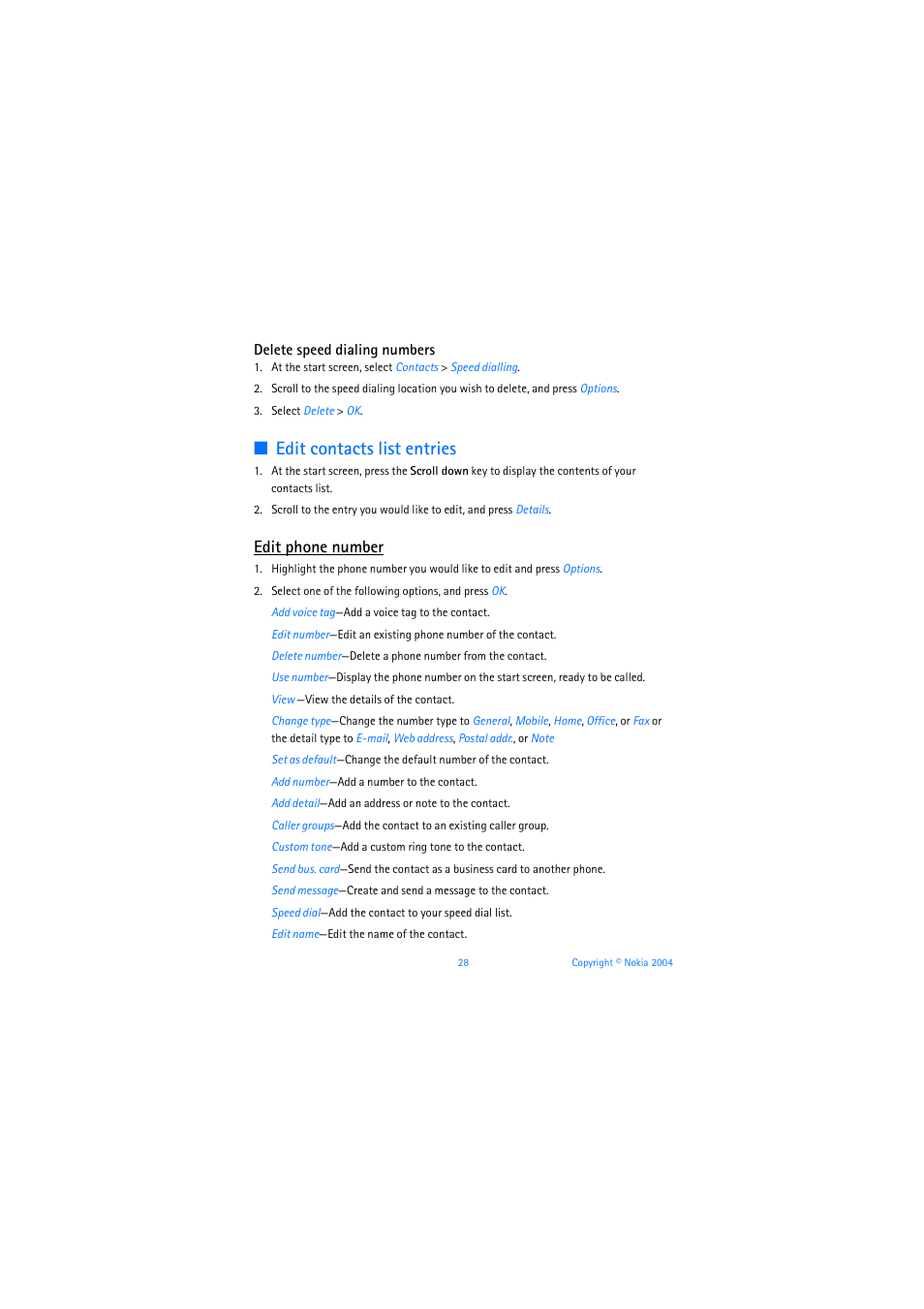 Edit contacts list entries, Edit phone number | Nokia 6019i User Manual | Page 29 / 241