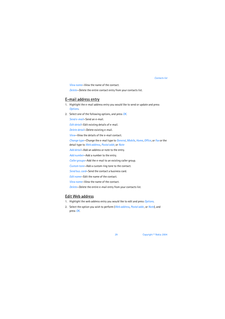 E-mail address entry, Edit web address | Nokia 6019i User Manual | Page 30 / 241