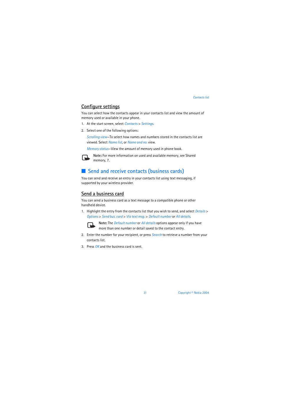 Send and receive contacts (business cards), Configure settings, Send a business card | Nokia 6019i User Manual | Page 32 / 241